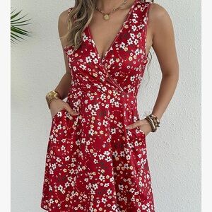 Red Floral Sleeveless Summer Dress Above Knee with Pockets